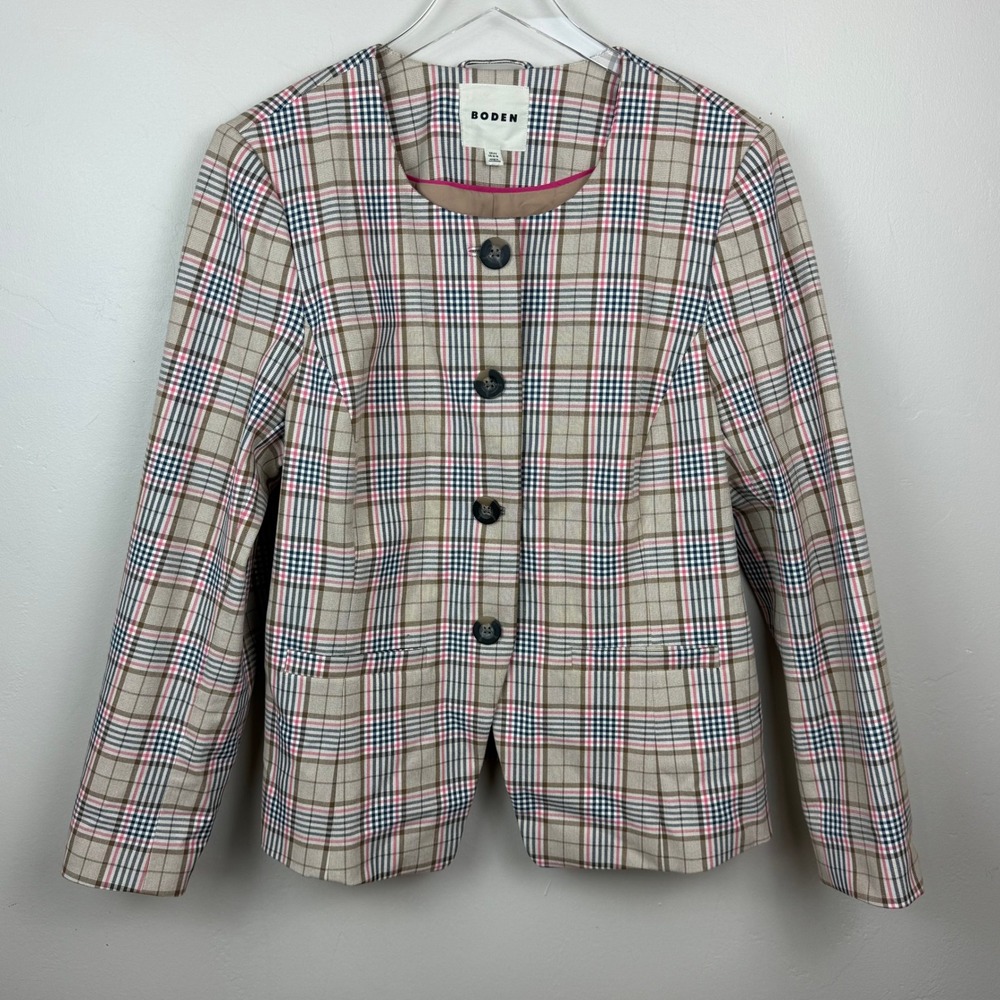 Boden Blazer Women US 16-18 Tan Pink Plaid Collarless Cotton Blend Jacket U0352